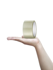Sticky tape on human hands. isolated on a white background