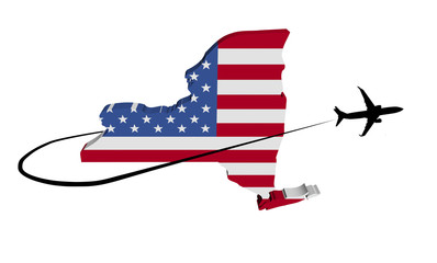 New York map flag with plane silhouette and swoosh 3d illustration