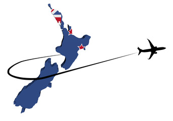 New Zealand map flag with plane silhouette and swoosh 3d illustration