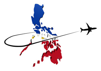 Philippines map flag with plane silhouette and swoosh 3d illustration