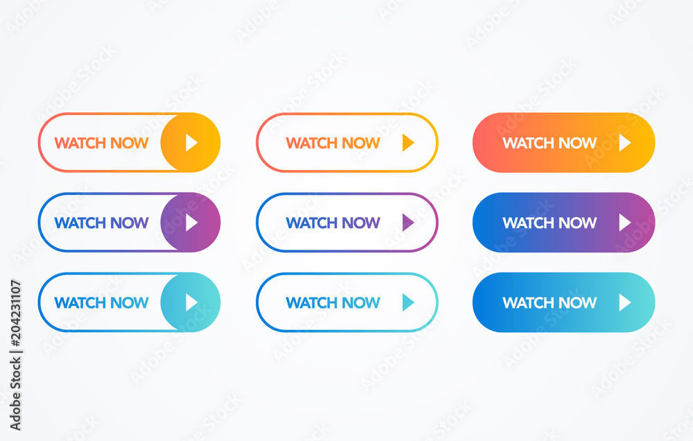 Poster vector illustration watch now colorful button set on white background. flat line gradient button col