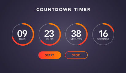 vector illustration countdown timer website element with buttons. Flat digital clock timer application template for coming soon or under construction - obrazy, fototapety, plakaty