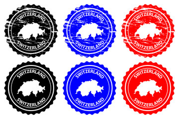 Switzerland - rubber stamp - vector, Swiss Confederation map pattern - sticker - black, blue and red