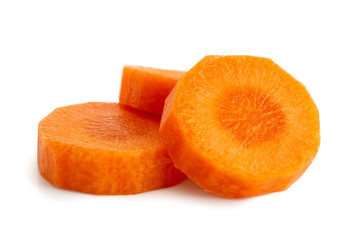 Fototapeta na wymiar Three round slices of peeled carrot isolated on white.