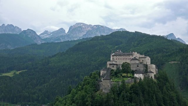 Aerial View of Hohenwerfen Castle in Alpen Mountains near Salzburg. 4K Ultra HD
