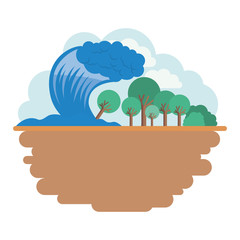 tsunami sea wave with forest scene vector illustration design