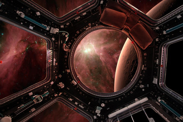 View from a porthole of space station on the Mars background. Elements of this image furnished by NASA.