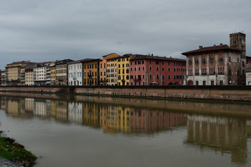 Pisa and Arno River, Italy in a rainy day