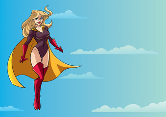 Full length illustration of determined and powerful superheroine wearing yellow cape while flying during mission against sky background for copy space.