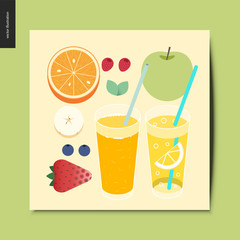 Simple things - fruit and berries - flat cartoon vector illustration of breakfast meal, fruit, berries, mint, fresh orange juice and lemonade- summer postcard