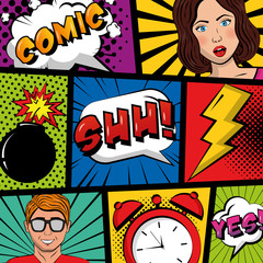 people pop art comic clock crash boom text retro vector illustration