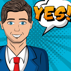 businessman wearing suit necktie speech bubble pop art comic vector illustration