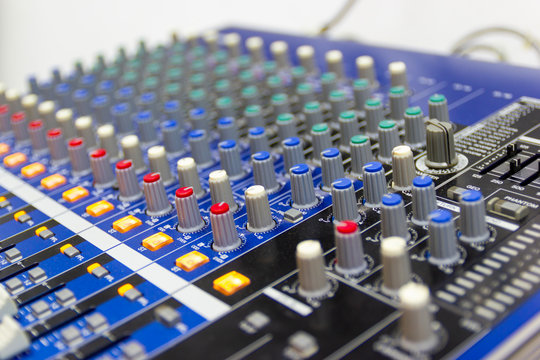 Closeup Mixing Console of a big HiFi system  The audio equipment, a control panel of digital studio mixer. 