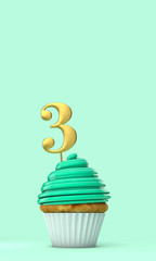 Number 3 mint green birthday celebration cupcake. 3D Rendering