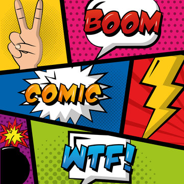 comic pop art background speech bubbles hand peace love boom vector illustration