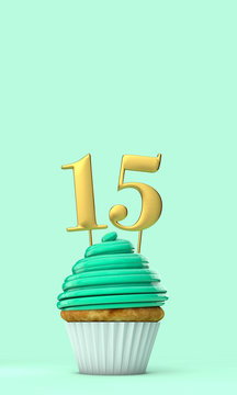 Number 15 mint green birthday celebration cupcake. 3D Rendering