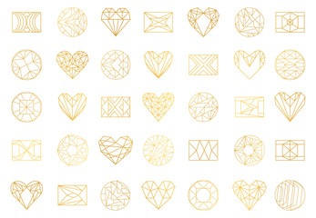 Set of geometric line icons of squares, hearts and round shapes. Retro modern vector illustration for background and templates for design logos or objects.