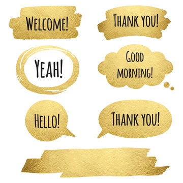 Golden brush strokes set with words. Gold speech bubble, text balloon and oval brush stroke frame. Thank you, Good morning and Welcome lettering. Golden or yellow brushstrokes vector collection. 
