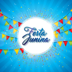Festa Junina Illustration with Party Flags and Paper Lantern on Yellow Background. Vector Brazil June Festival Design for Greeting Card, Invitation or Holiday Poster.