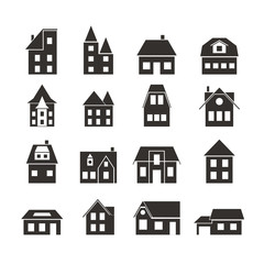 Set of black silhouettes of houses.