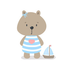 Cute bear sailor with a toy ship cartoon hand drawn vector illustration. Can be used for t-shirt print, kids wear fashion design, baby shower celebration greeting and invitation card.