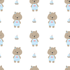 Seamless pattern with cute little bear sailor. Marine children background. Sea, ocean design. Vector illustration.