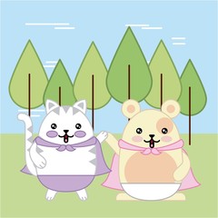 kawaii cat and mouse in forest animal cartoon vector illustration