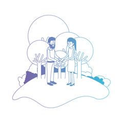 couple isometrics in field landscape avatars characters vector illustration