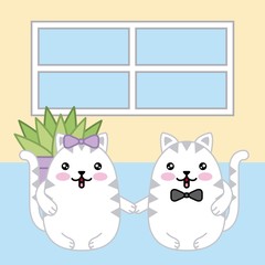 kawaii couple cats holds hands animal cartoon vector illustration