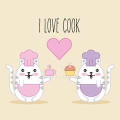kawaii chef cats animal cartoon with cupcake and coffee vector illustration
