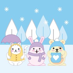 Fototapeta premium kawaii cat rabbit and mouse with winter clothes cartoon vector illustration