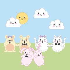 kawaii couples of cats rabbits and mouses cartoon sunny day vector illustration