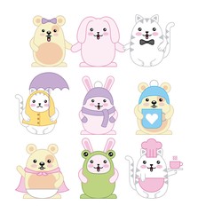 Obraz premium kawaii animals mouse kitty cat and rabbit cartoon vector illustration