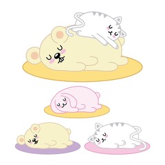 kawaii set animals sleeping in floor cartoon vector illustration