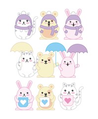 kawaii animals mouse kitty cat and rabbit cartoon vector illustration