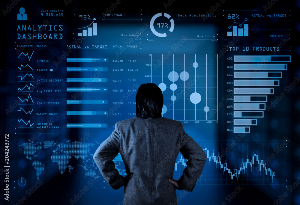 Poster Financial report data of business operations (balance sheet and  income statement and diagram) as Fintech concept.Businessman working with virtual dashboard computer screeen.