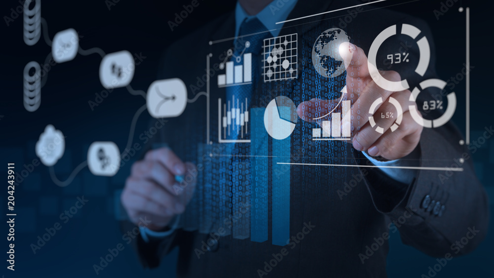 Poster Data Management System (DMS) with Business Analytics concept. businessman working with provide information for Key Performance Indicators (KPI) and marketing analysis onn virtual computer