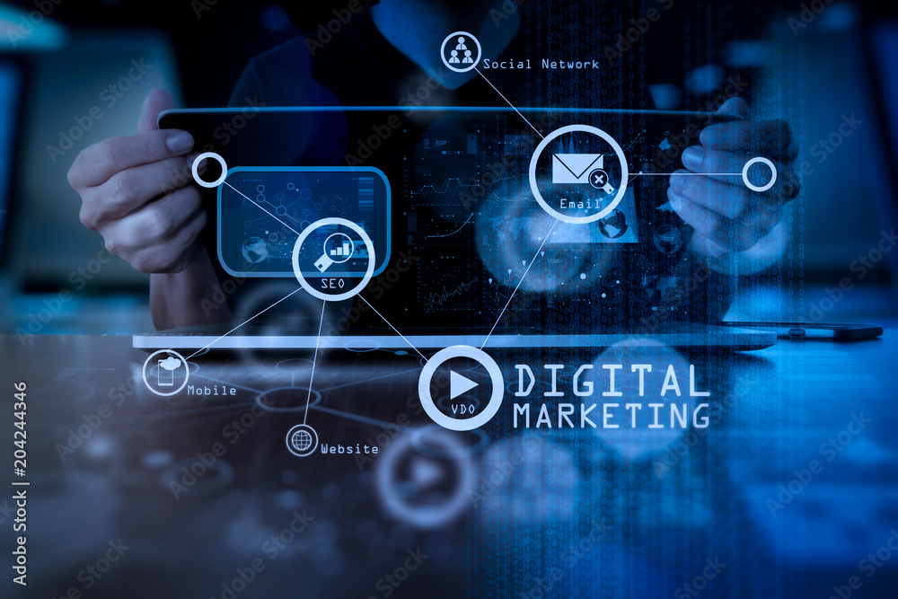 Aufkleber business man hand working on laptop computer with digital layer business strategy and social media d