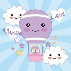 kawaii mouse love air balloon clouds stars decoration vector illustration