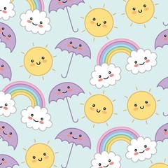 kawaii umbrella rainbow cloud sun decorative background vector illustration