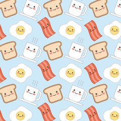 kawaii breakfast bacon bread egg cartoon background vector illustration