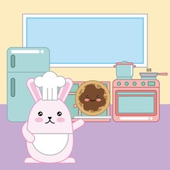 kawaii rabbit chef holding cookie in kitchen cartoon vector illustration