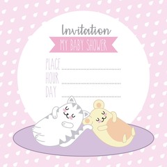 invitation baby shower card cat and mouse kawaii cartoon vector illustration