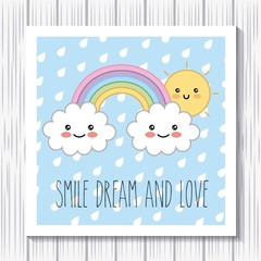 kawaii rainbow clouds sun cartoon smile dream love vector illustration