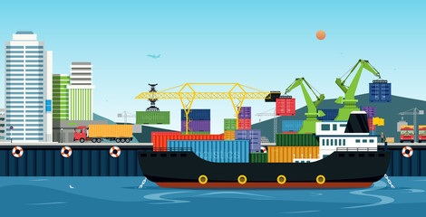 Naklejka premium Cranes are moving containers from cargo ships.