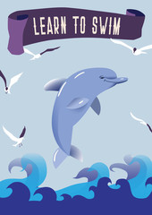 Obraz premium Sea creature vector illustration. Marine landscape, dolphin and seaguls. Vintage retro poster with slogan 