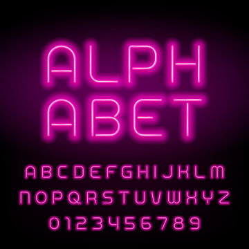 Pink neon tube alphabet font. Neon color letters and numbers. Stock vector typeface for your headers or any typography design.