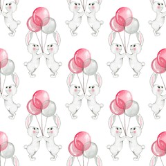 Seamless pattern with cartoon white rabbits and balloons. Watercolor background