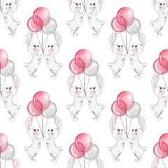 Wallpaper murals Animals with balloon Seamless pattern with cartoon white rabbits and balloons. Watercolor background