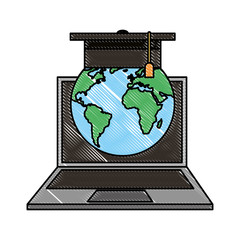 e-learning laptop world graduate hat vector illustration